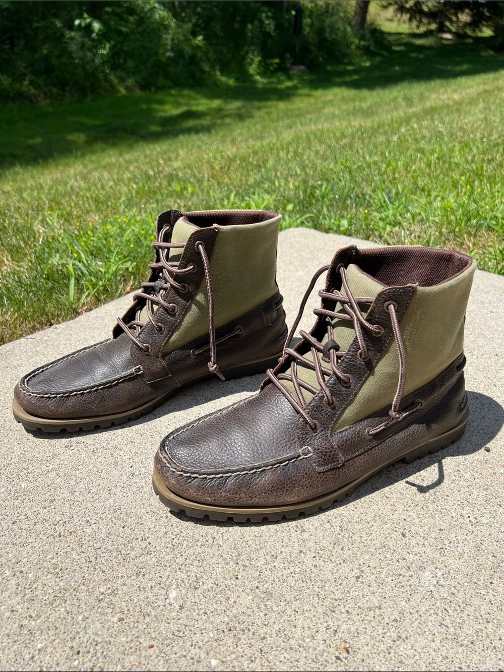 Sperry Top-Sider Brown Leather Green Canvas Boat Boots Hunting Boots Men’s 11.5M